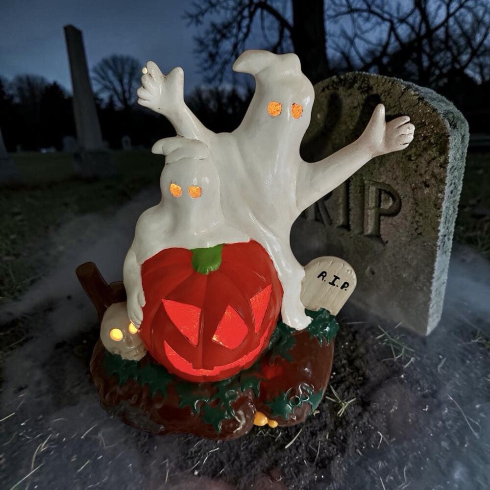 Vtg 1979 Light Up Ceramic Halloween Ceramic Pumpkin Ghost Skeleton Jack-o-Lanter